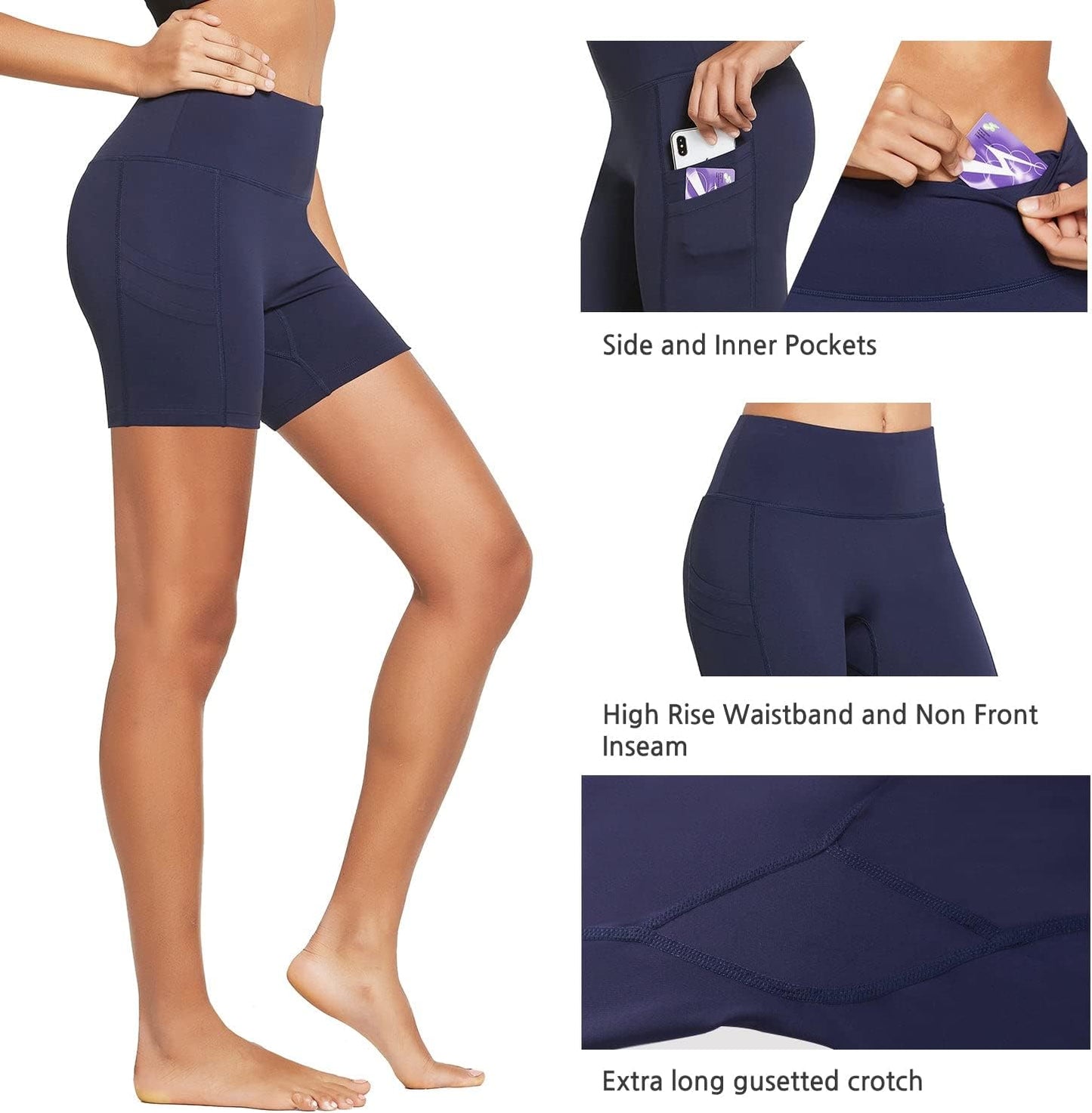 Women'S 5" Workout Spandes Biker Shorts High Waist Compression Yoga Shorts 4 Pockets Volleyball Athletic Running Shorts Dark Navy Size XL