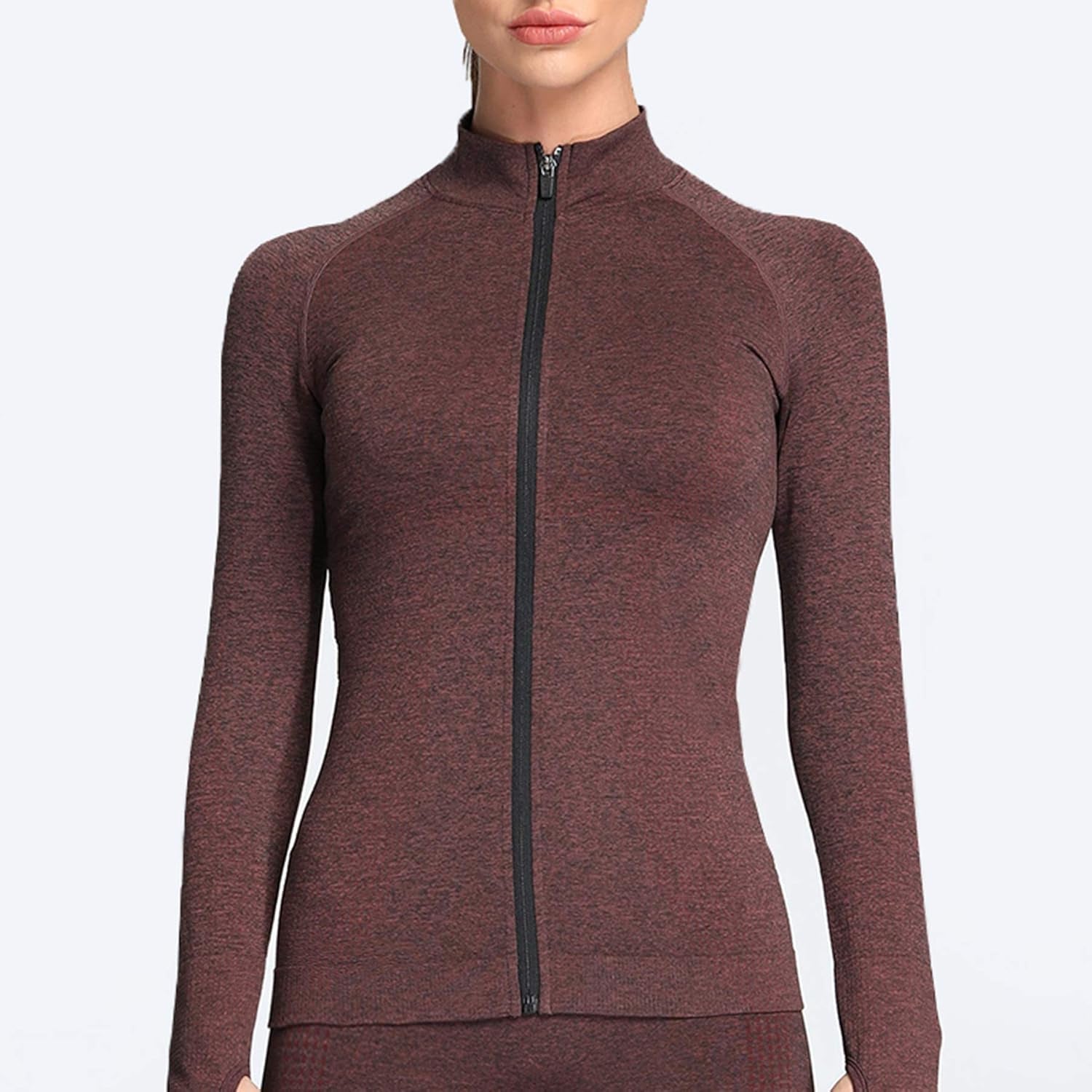 Women'S Jacket Workout Running Long Sleeve Cardio Full-Zip Jackets (Cherry Brown Marl, Small)