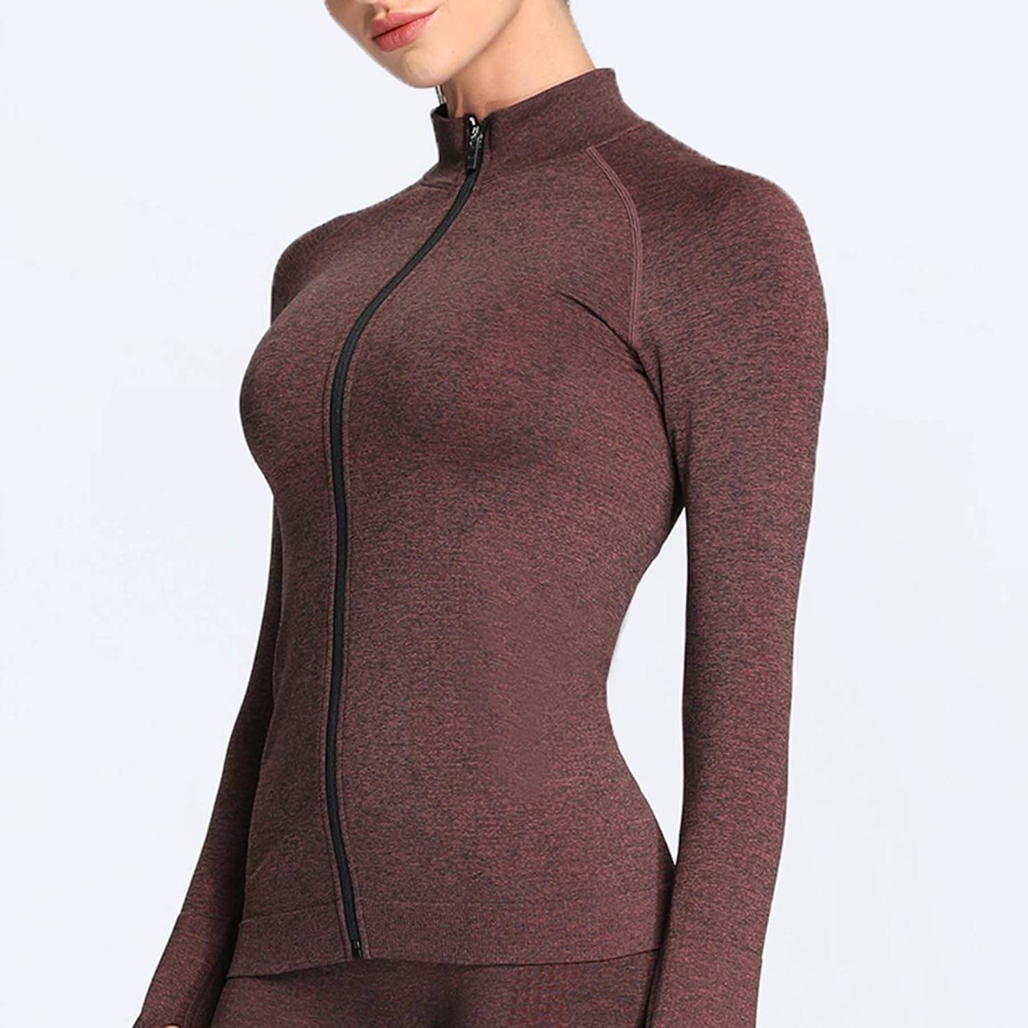 Women'S Jacket Workout Running Long Sleeve Cardio Full-Zip Jackets (Cherry Brown Marl, Small)