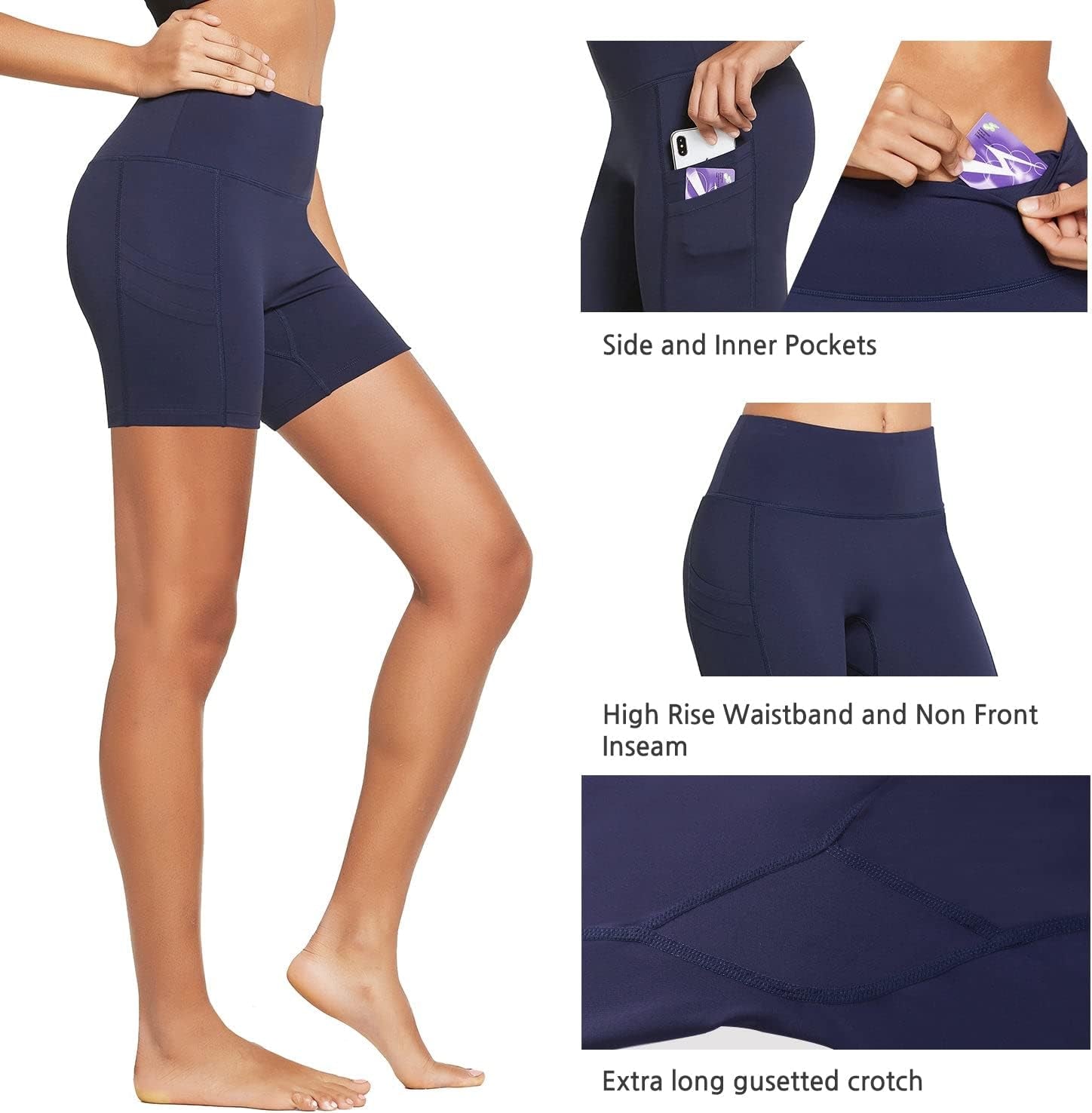 Women'S 5" Workout Spandes Biker Shorts High Waist Compression Yoga Shorts 4 Pockets Volleyball Athletic Running Shorts Dark Navy Size XL