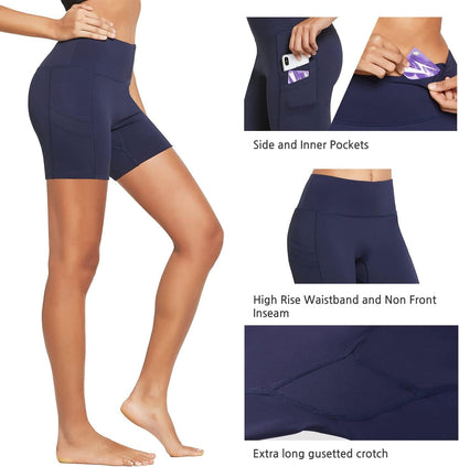 Women'S 5" Workout Spandes Biker Shorts High Waist Compression Yoga Shorts 4 Pockets Volleyball Athletic Running Shorts Dark Navy Size XL